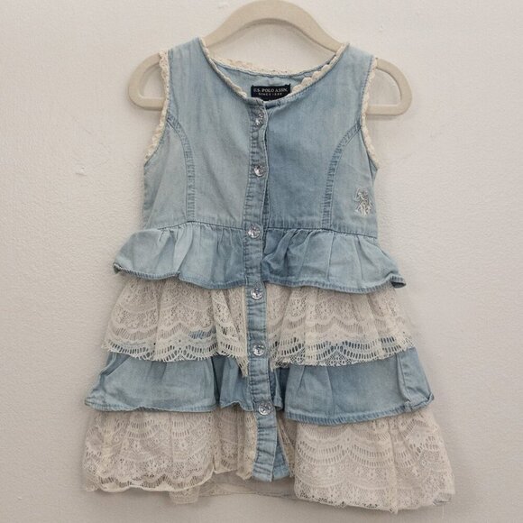 U.S. Polo Assn. Girls 2T Denim & Lace Ruffle Dress Sleeveless Button Front - Picture 1 of 4